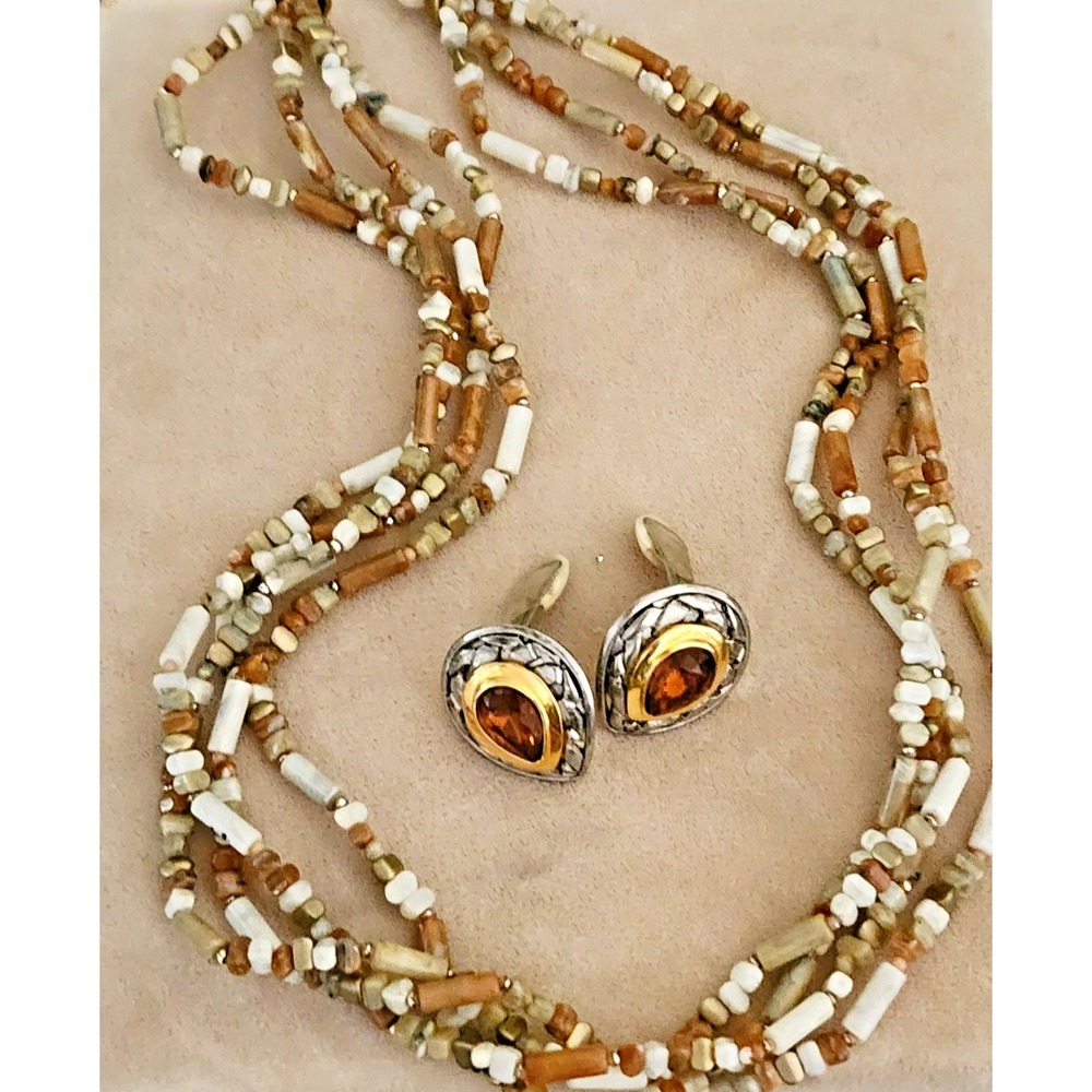 Vintage 90's Multistrand Beaded Necklace & Clip Earrings Set in Brown/Crm/Gold